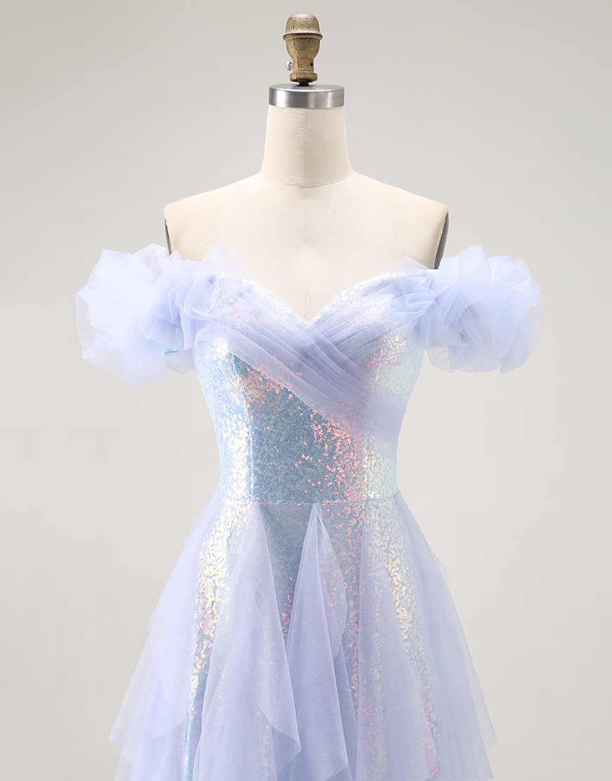 Sparkly Light Blue Off the Shoulder Sequins Long Prom Dress with Ruffles