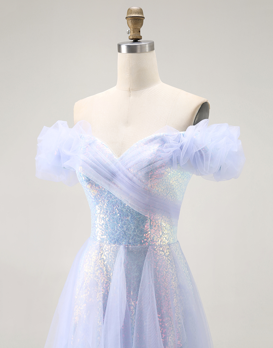 Sparkly Light Blue Off the Shoulder Sequins Long Prom Dress with Ruffles