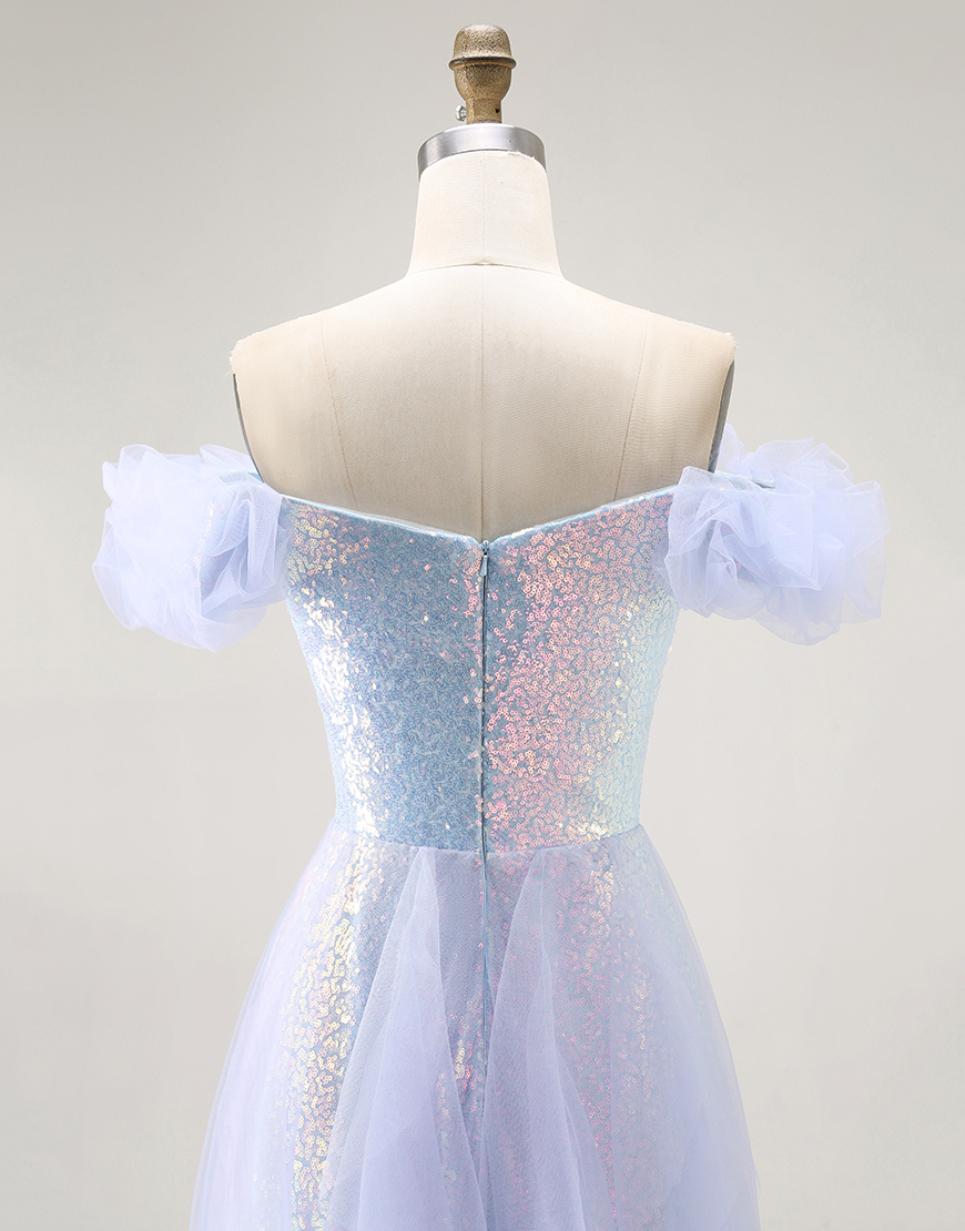 Sparkly Light Blue Off the Shoulder Sequins Long Prom Dress with Ruffles