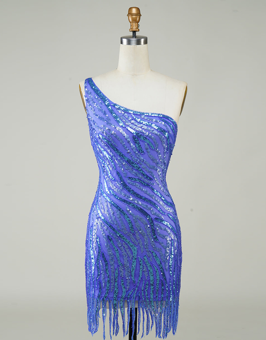 Sparkly Blue One Shoulder Short Homecoming Dress With Tassel
