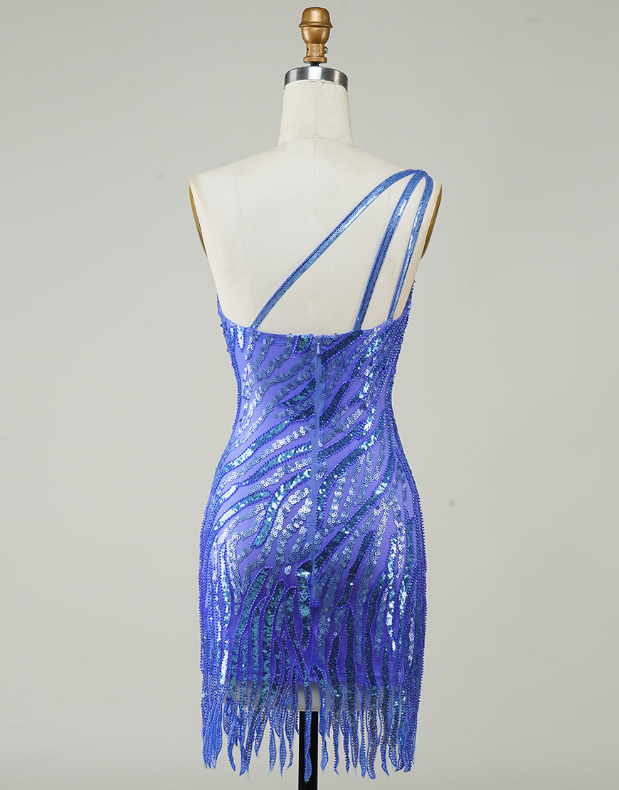 Sparkly Blue One Shoulder Short Homecoming Dress With Tassel