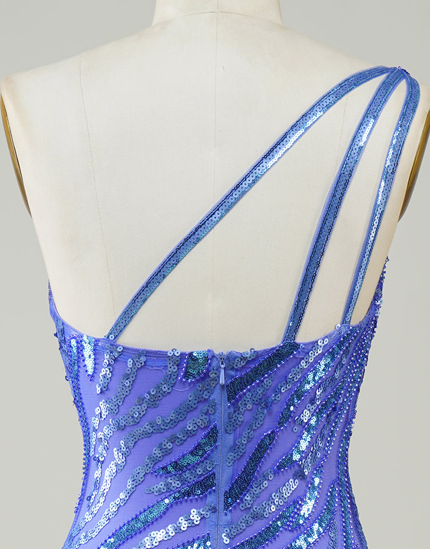 Sparkly Blue One Shoulder Short Homecoming Dress With Tassel