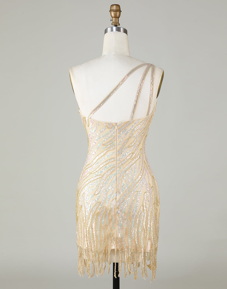 Sparkly Blue One Shoulder Short Homecoming Dress With Tassel