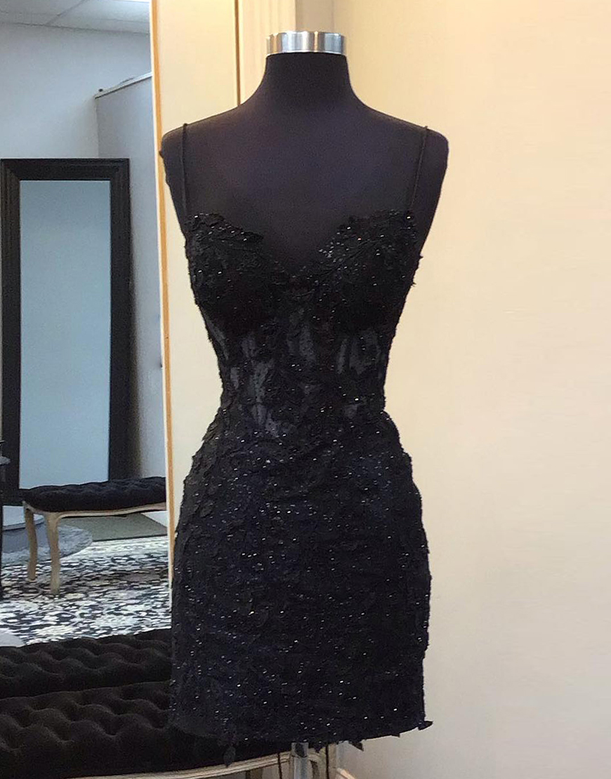 Sparkly Black Beaded Corset Tight Homecoming Dress with Appliques 