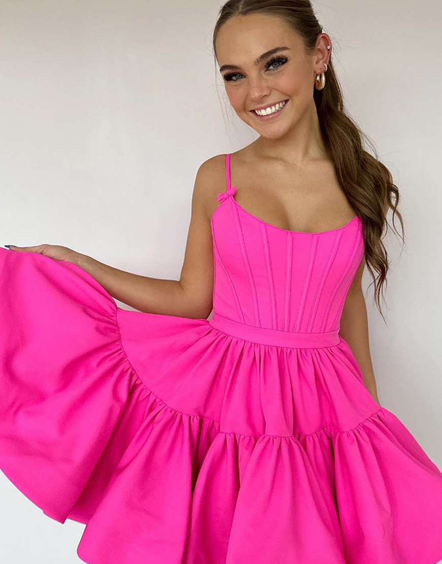 Red A-Line Ruffled Spaghetti Straps Corset Satin Homecoming Dress 