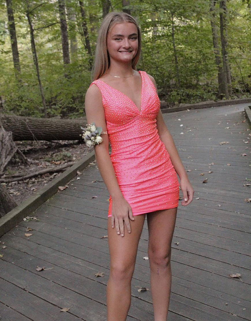 Black V-Neck Sparkly Short Tight Beaded Homecoming Dress