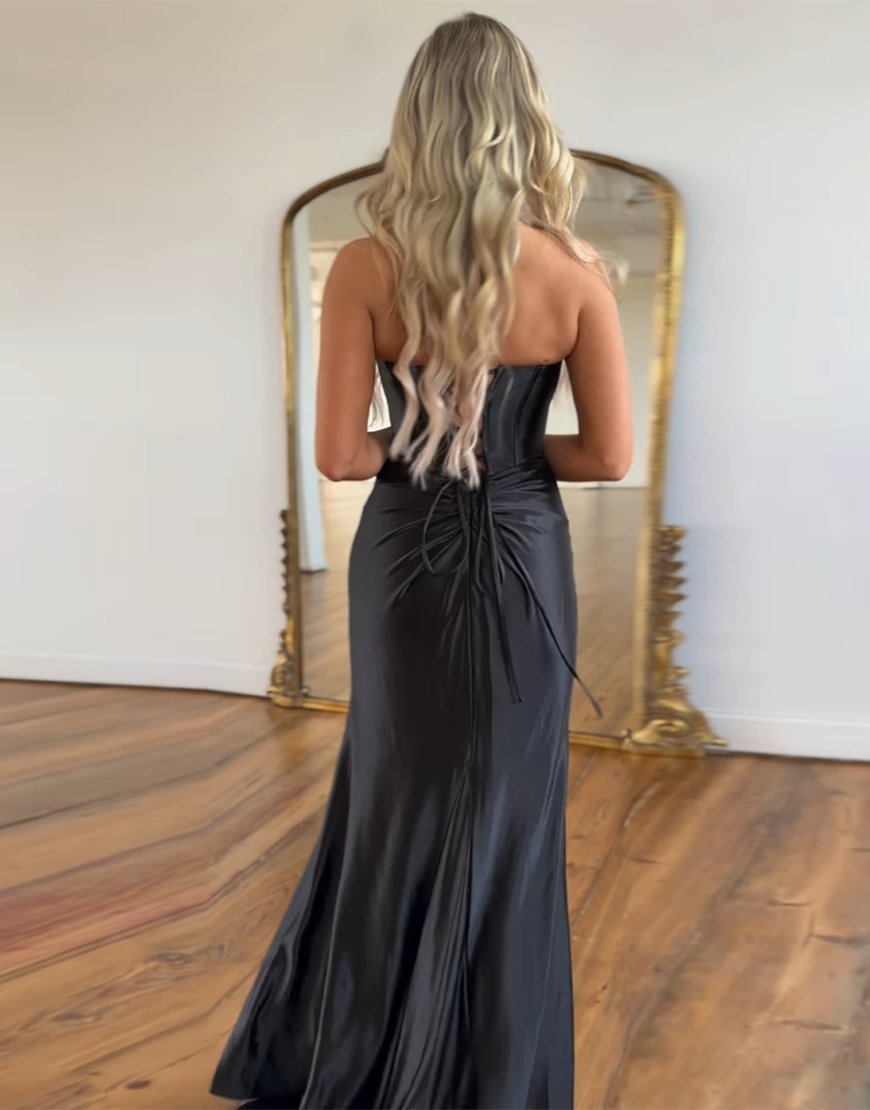Stylish Mermaid Strapless Lace Up Long Satin Prom Dress With Split