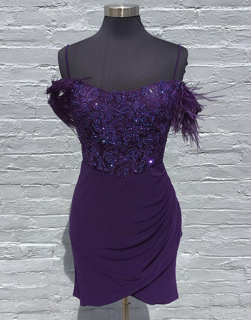 Sparkly Grape Beaded Cold Shoulder Satin Homecoming Dress with Feathers