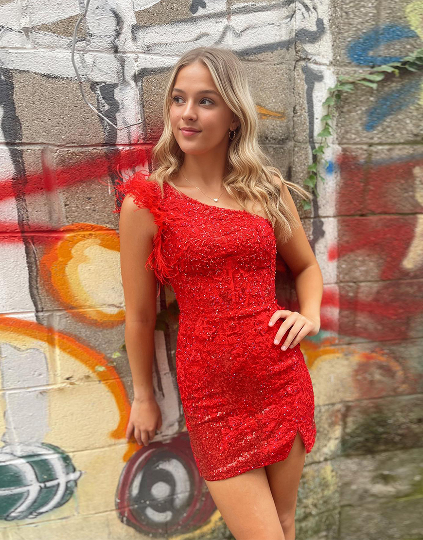 Sparkly Red Feathered One Shoulder Beaded Tight Homecoming Dress 