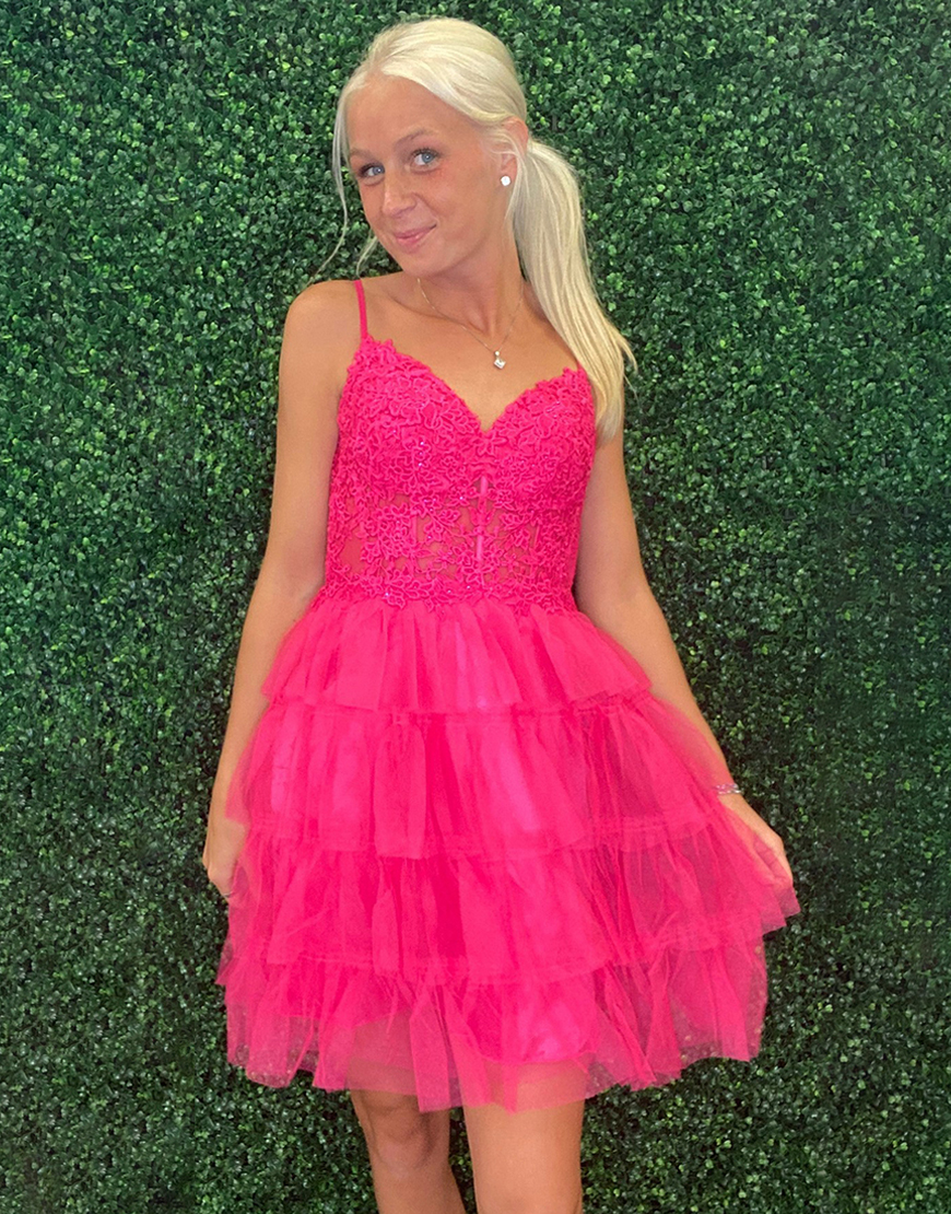 Sparkly Fuchsia A-Line Tiered Homecoming Dress with Appliques
