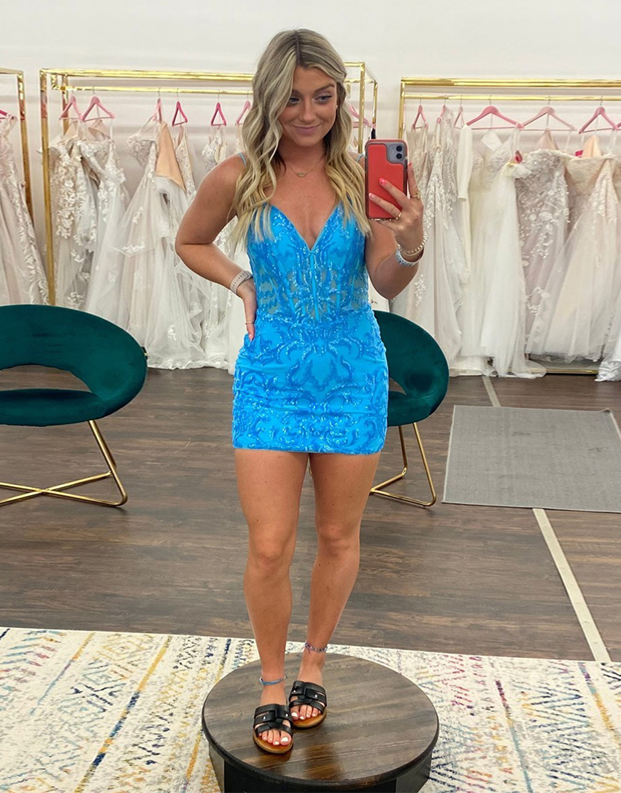 Sparkly Blue Tight Sequined Embroidery Corset Homecoming Dress