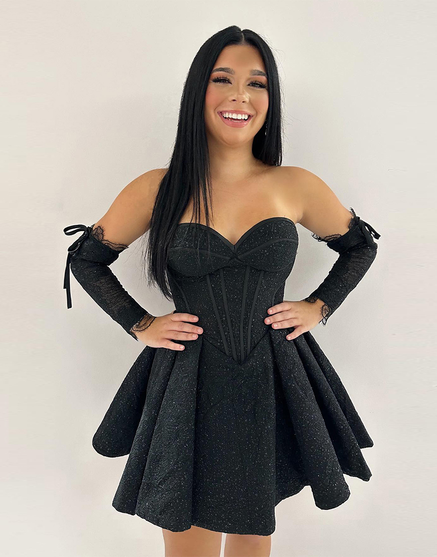 Sparkly Black A-Line Beaded Corset Homecoming Dress with Detachable Sleeves