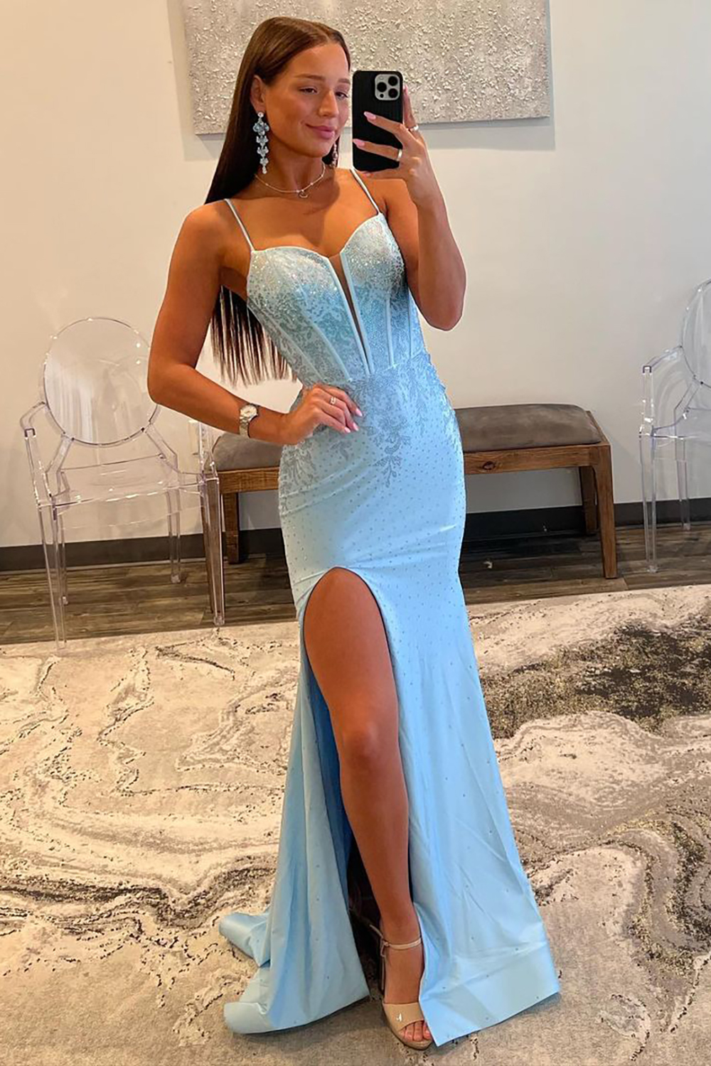 Glitter Light Blue Spaghetti Straps Mermaid Lace Up Long Prom Dress with Slit