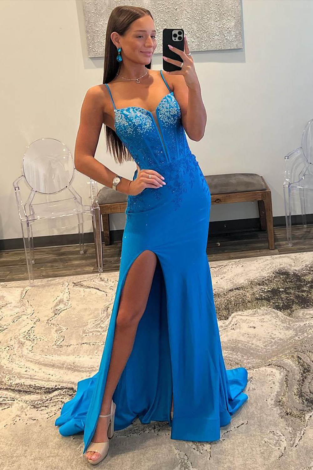 Royal Blue Spaghetti Straps Mermaid Lace Up Long Prom Dress with Slit And Beading