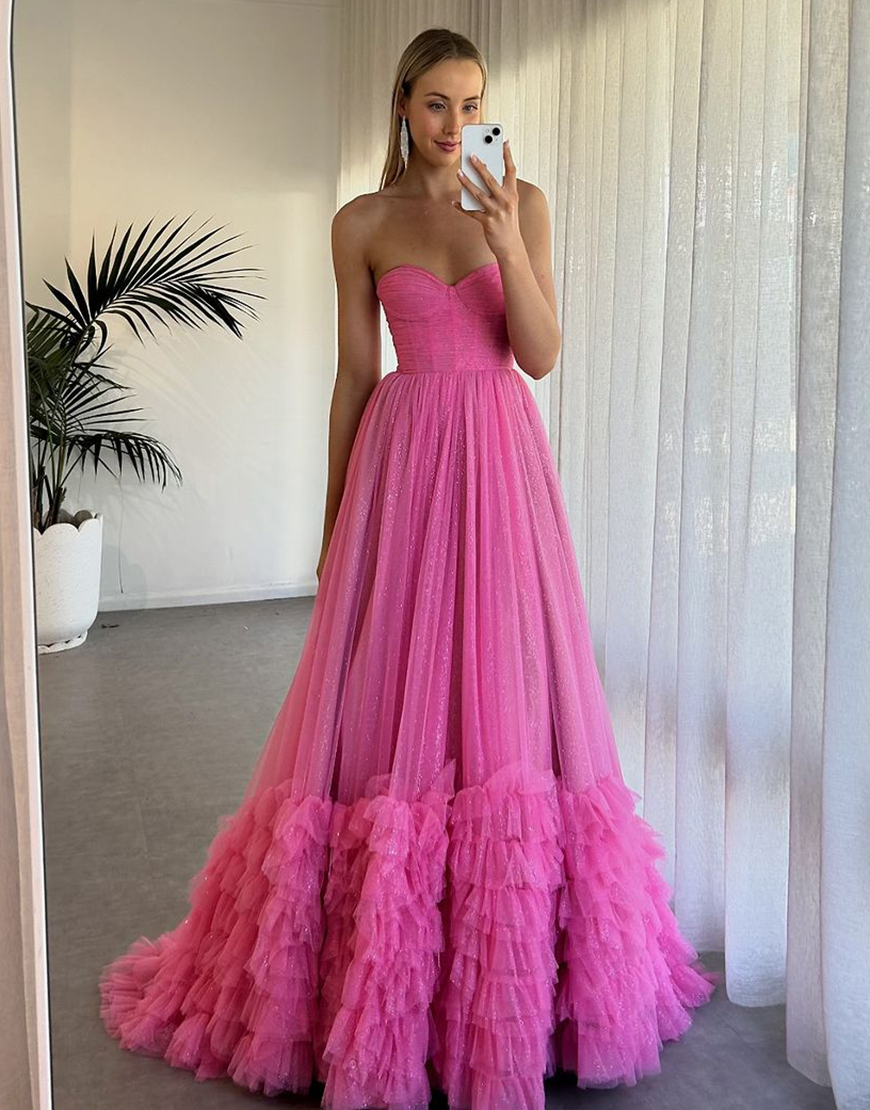 Sparkly Fuchsia A-Line Strapless Corset Ruffles Tulle Long Prom Dress