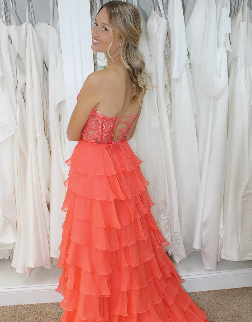 Light Blue Sweetheart Lace Up Long Tiered Chiffon Prom Dress With Slit