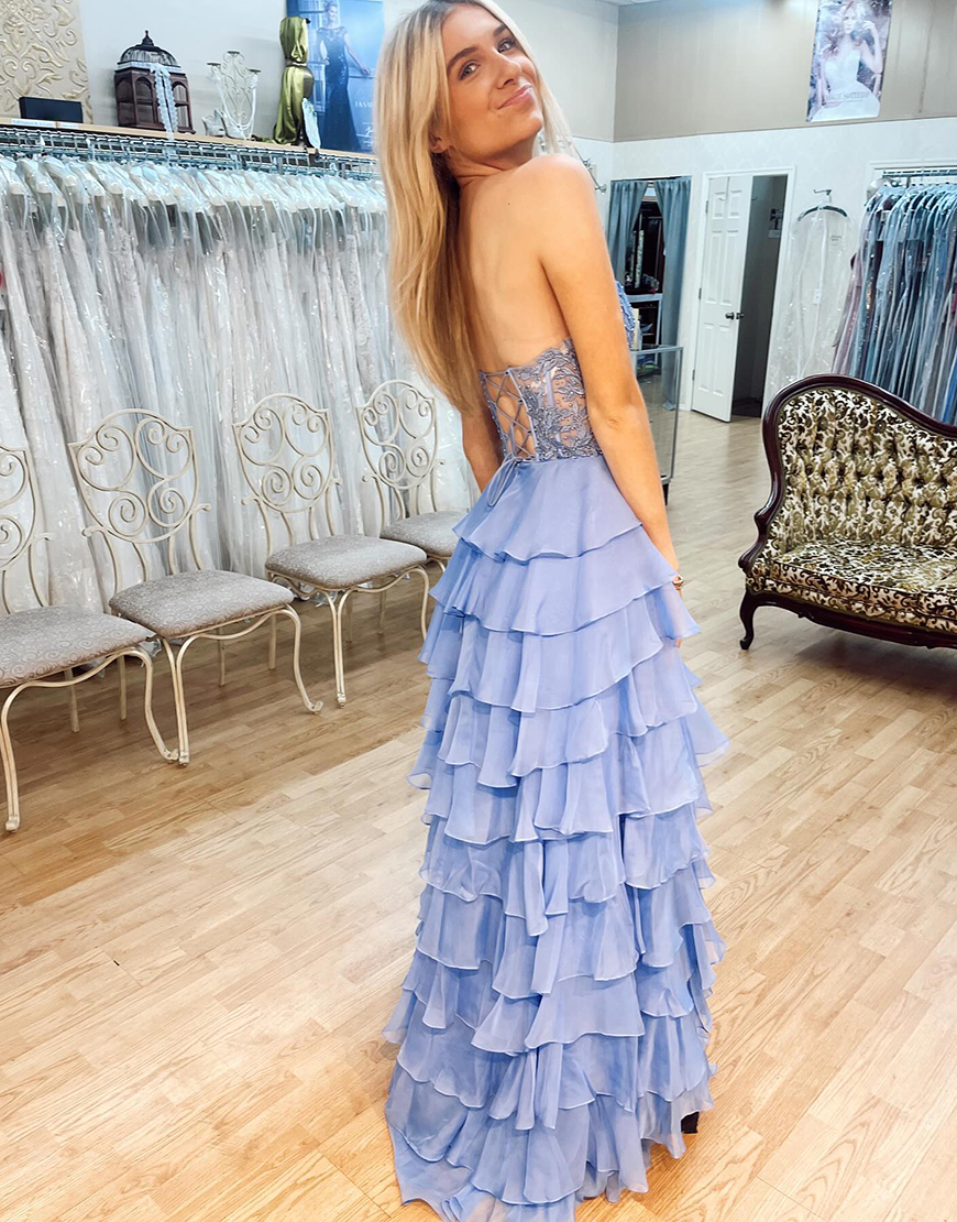 Light Blue Sweetheart Lace Up Long Tiered Chiffon Prom Dress With Slit