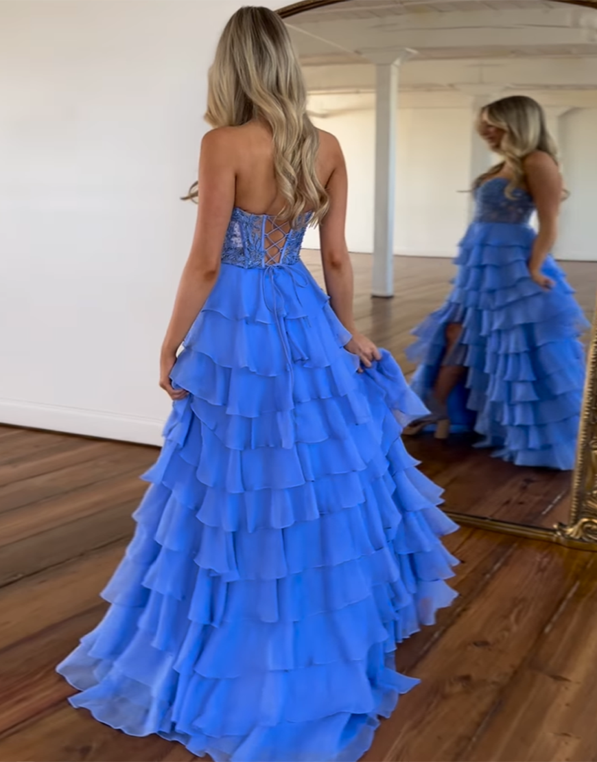 Berlinnova Women Stylish Blue Long Prom Dress A-Line V-Neck Cutout Waist Tiered Ruffles Pageant Dress With Split