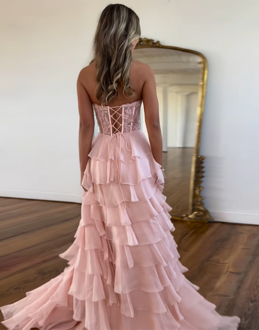 Berlinnova Women Stylish Blush Long Prom Dress A-Line V-Neck Cutout Waist Tiered Ruffles Pageant Dress With Split