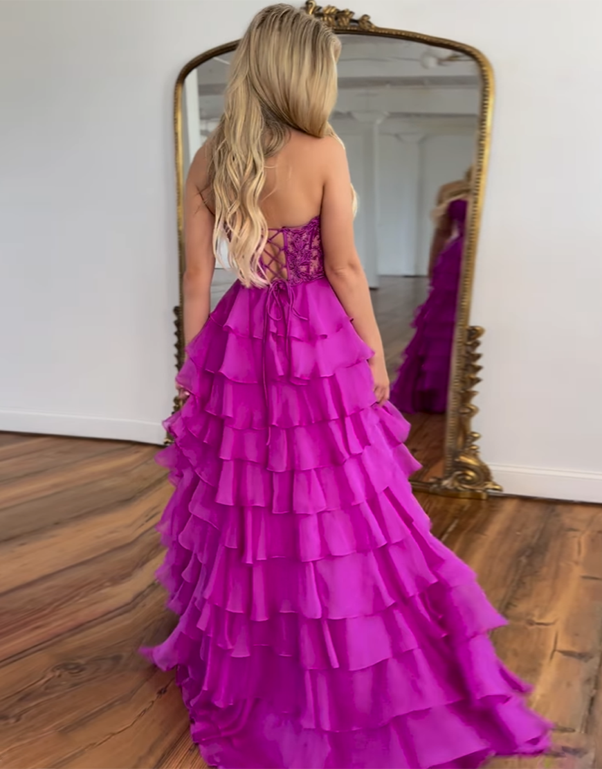 Berlinnova Women Stylish Hot Pink Long Prom Dress A-Line V-Neck Cutout Waist Tiered Ruffles Pageant Dress With Split