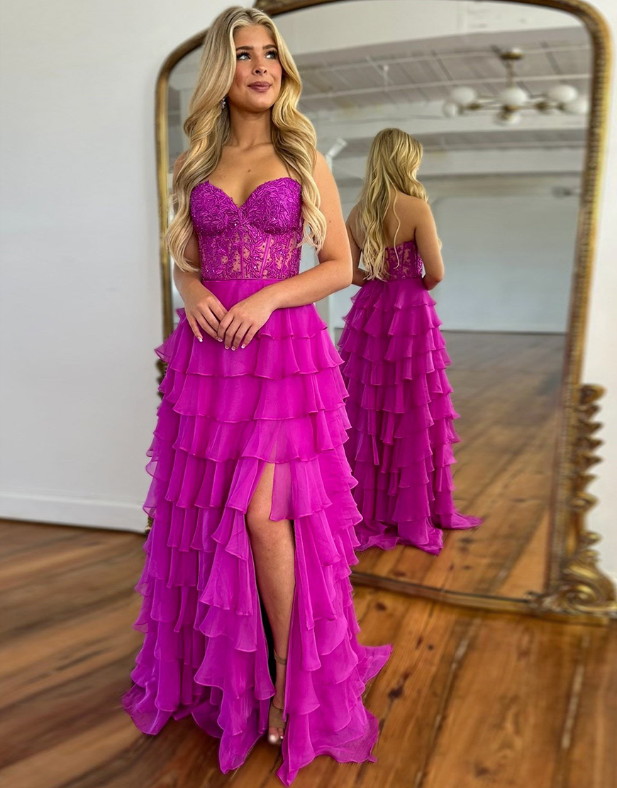 Berlinnova Women Stylish Hot Pink Long Prom Dress A-Line V-Neck Cutout Waist Tiered Ruffles Pageant Dress With Split