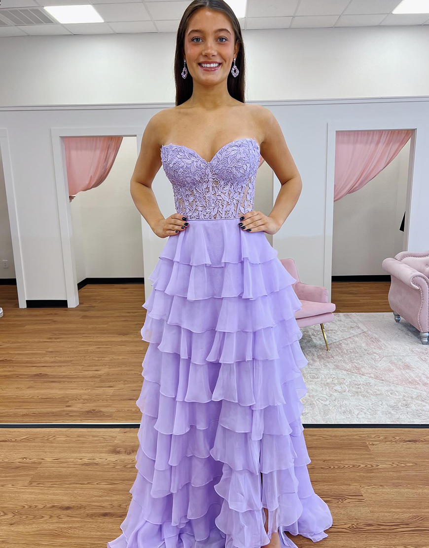 Orange Sweetheart Lace Up Long Tiered Chiffon Prom Dress With Slit