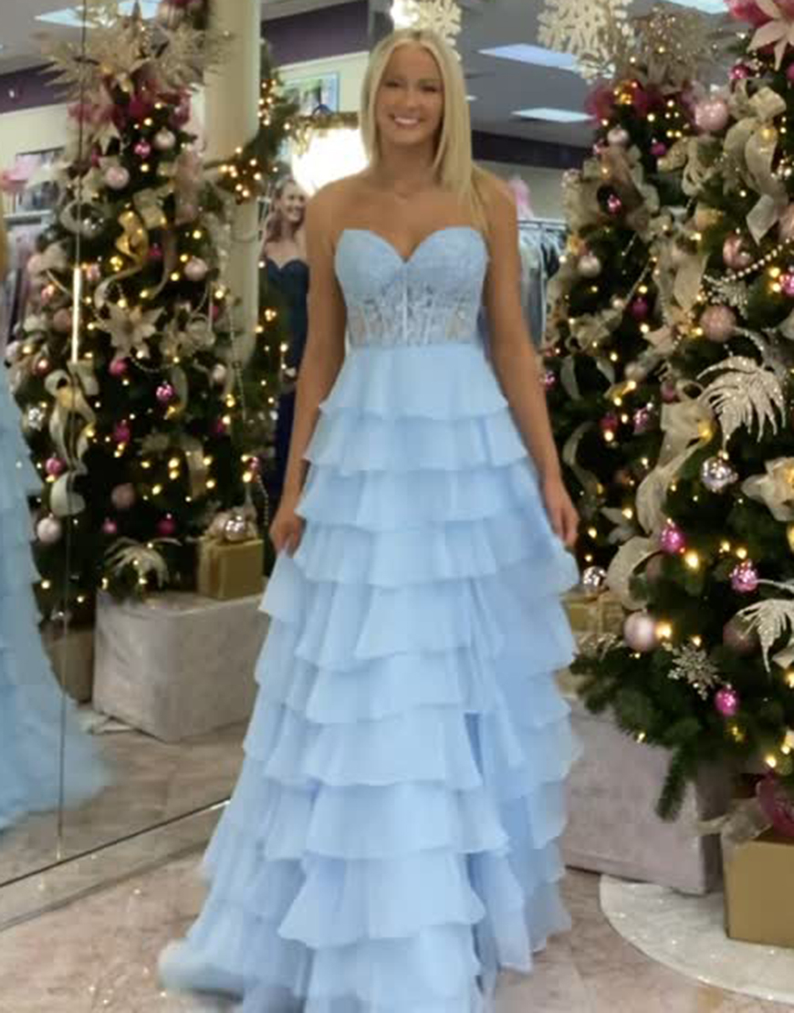 Lilac Sweetheart Lace Up Long Tiered Chiffon Prom Dress With Slit