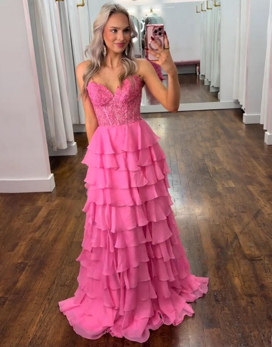 Lilac Sweetheart Lace Up Long Tiered Chiffon Prom Dress With Slit