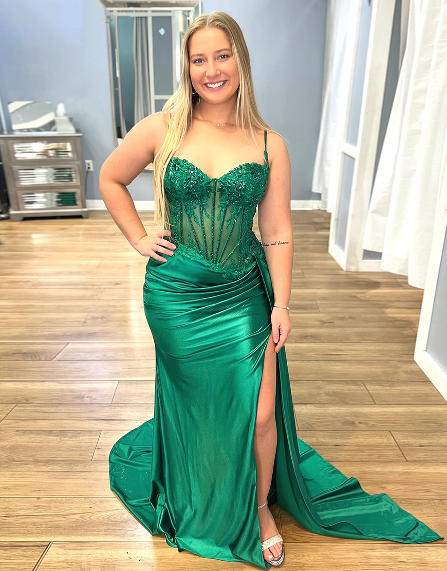 Stunning Mermaid Spaghetti Straps Long Glitter Prom Dress with High Slit