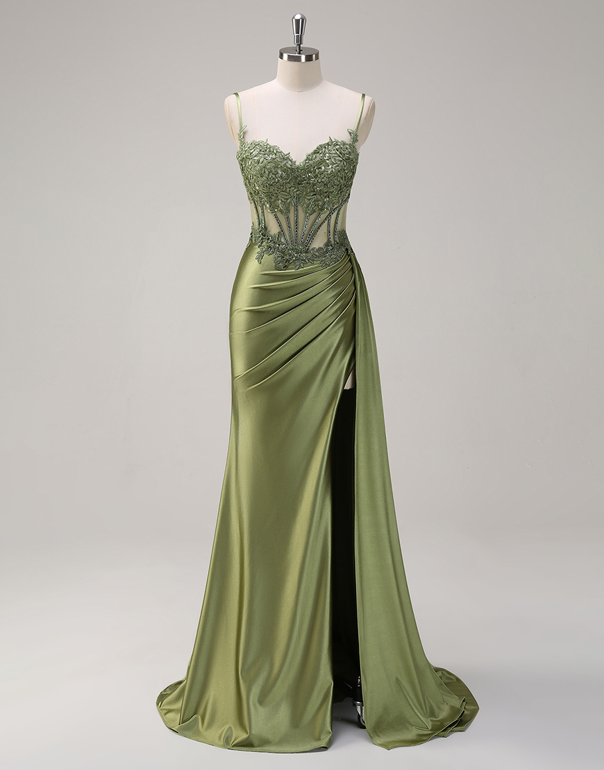 Stunning Mermaid Spaghetti Straps Long Glitter Prom Dress with High Slit