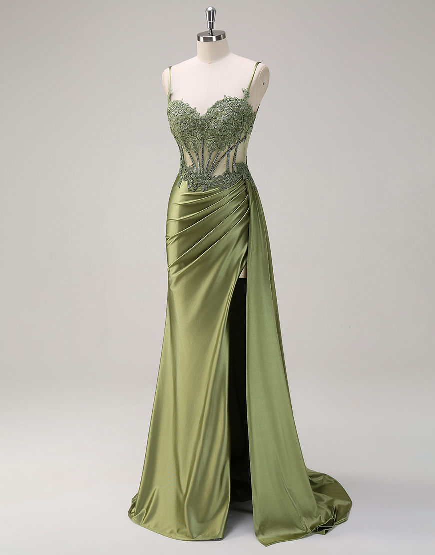 Stunning Mermaid Spaghetti Straps Long Glitter Prom Dress with High Slit