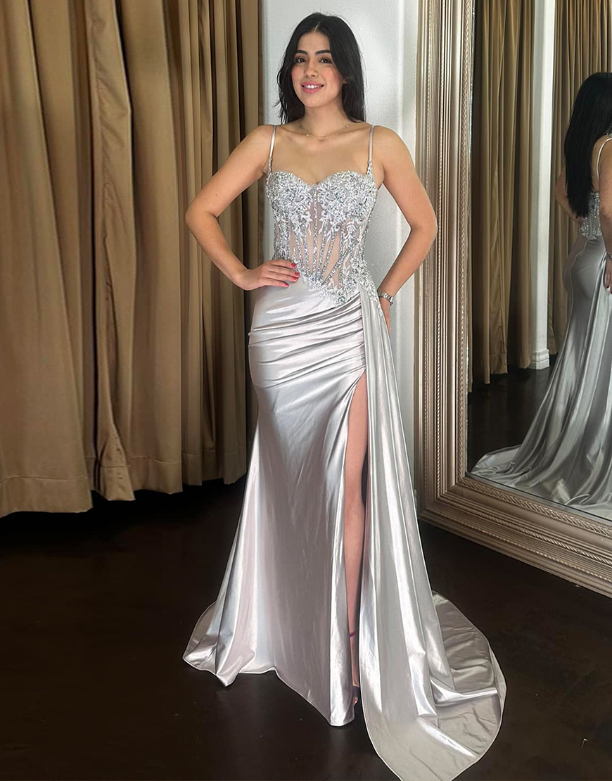 Stunning Mermaid Spaghetti Straps Long Glitter Prom Dress with High Slit