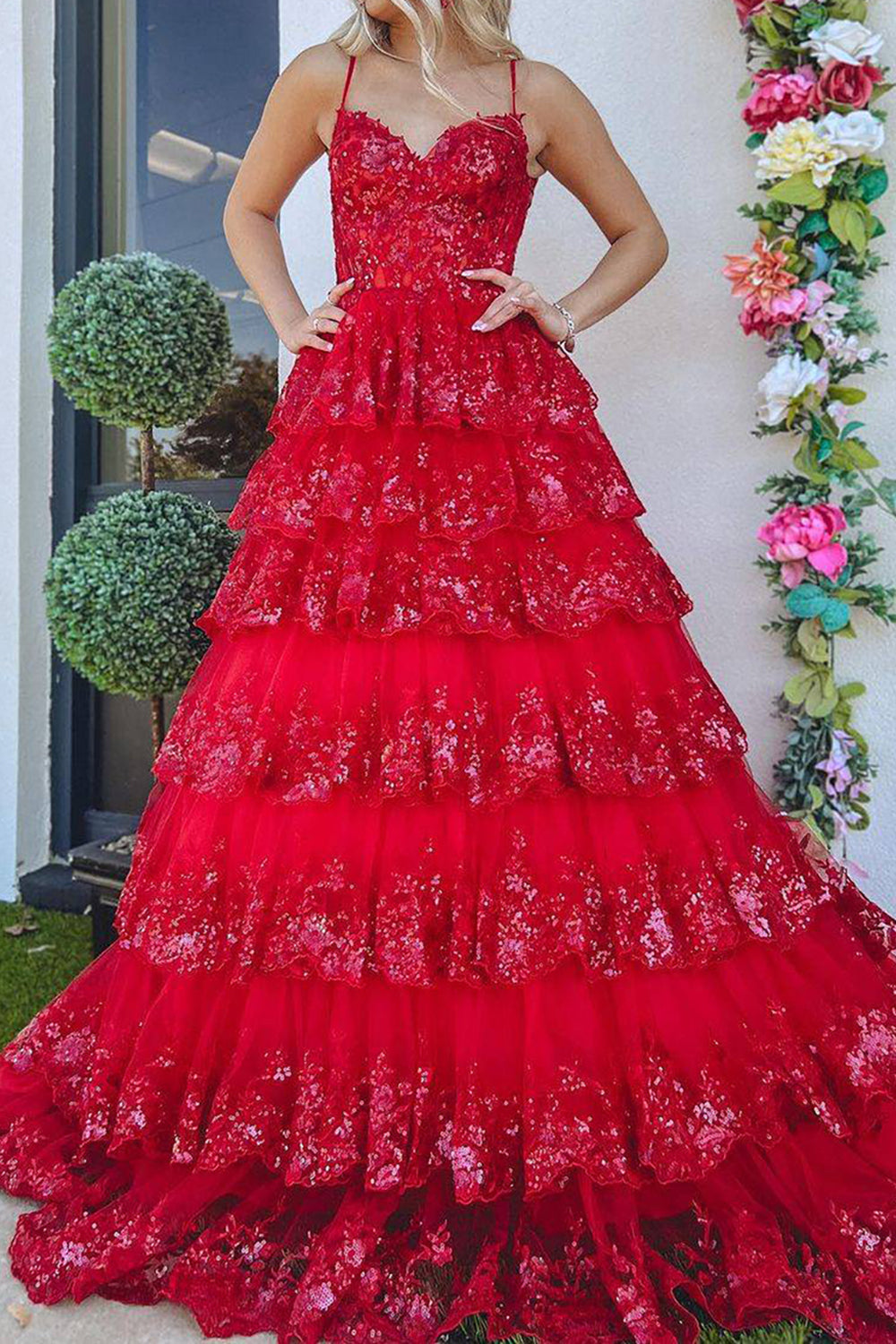 Sparkly Princess A-Line Spaghetti Straps Long Tiered Prom Dress With Appliques