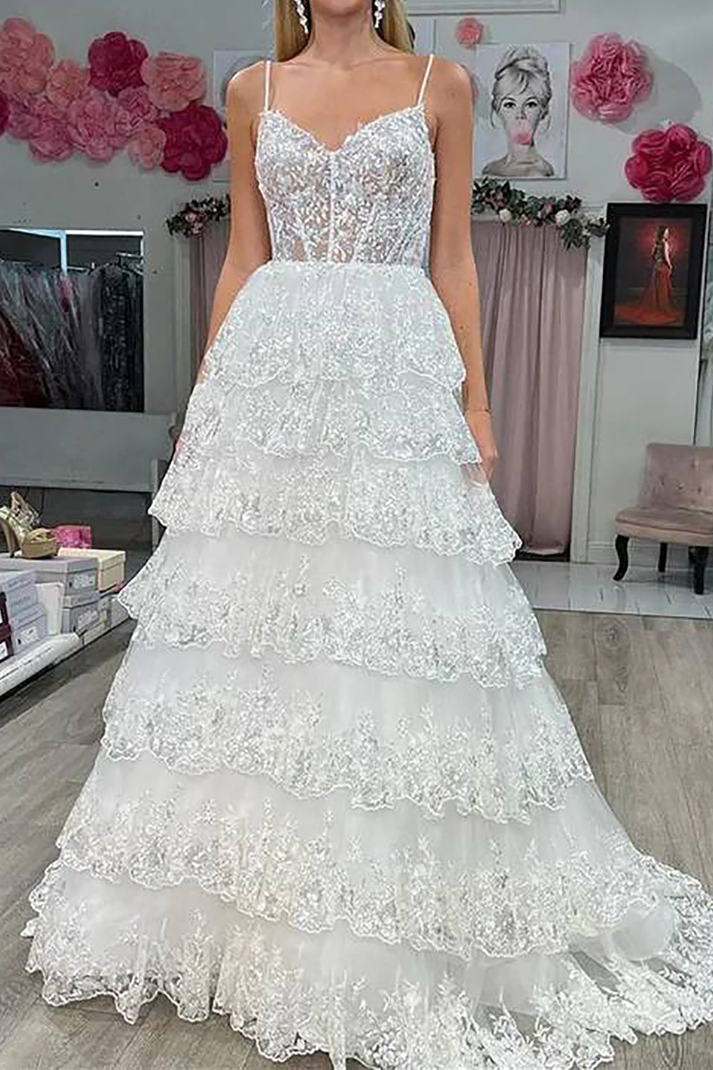 Sparkly Princess A-Line Spaghetti Straps Long Tiered Prom Dress With Appliques