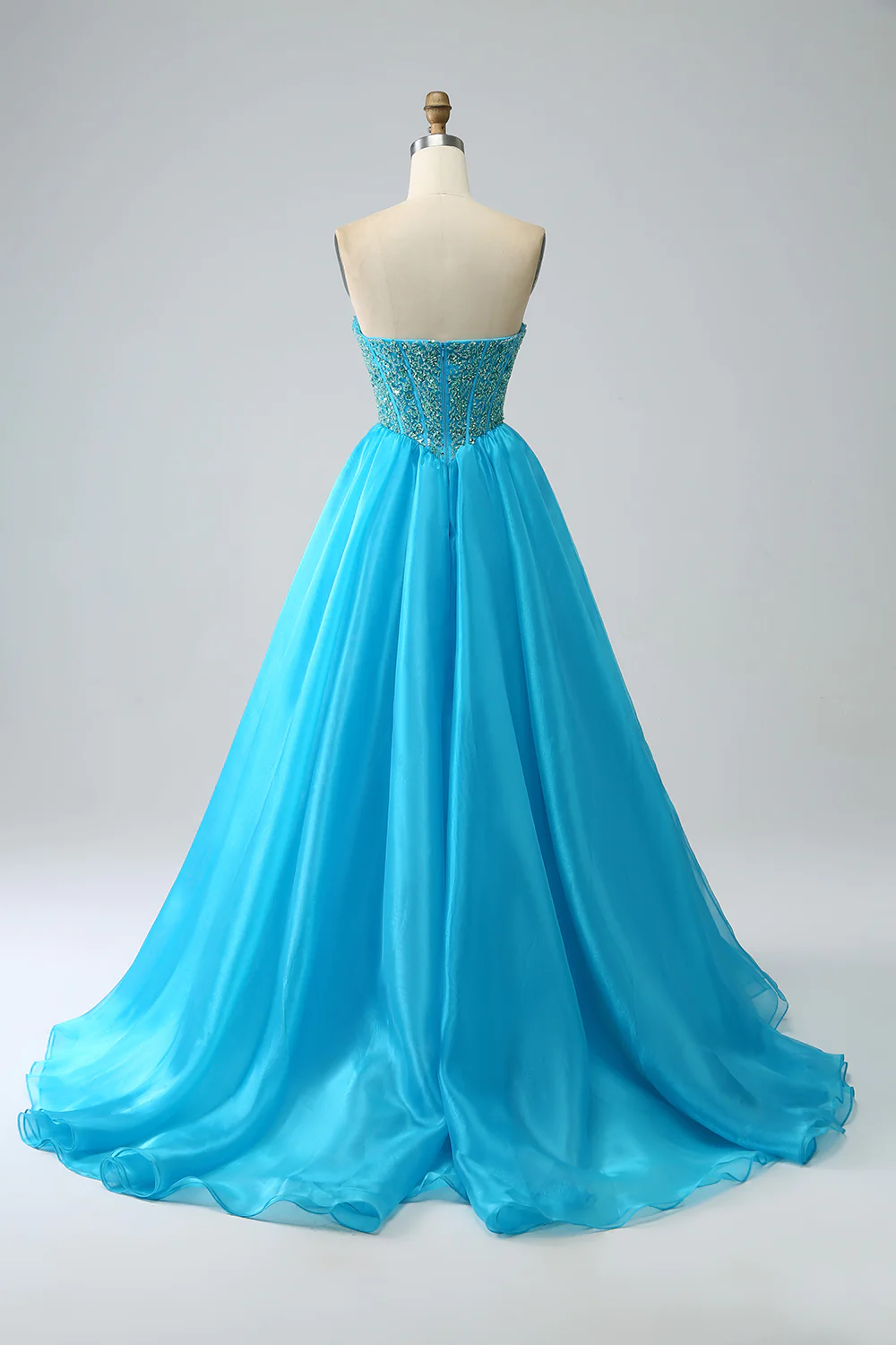 Blue A-Line Beaded Long Prom Dress with Detachable Sleeves