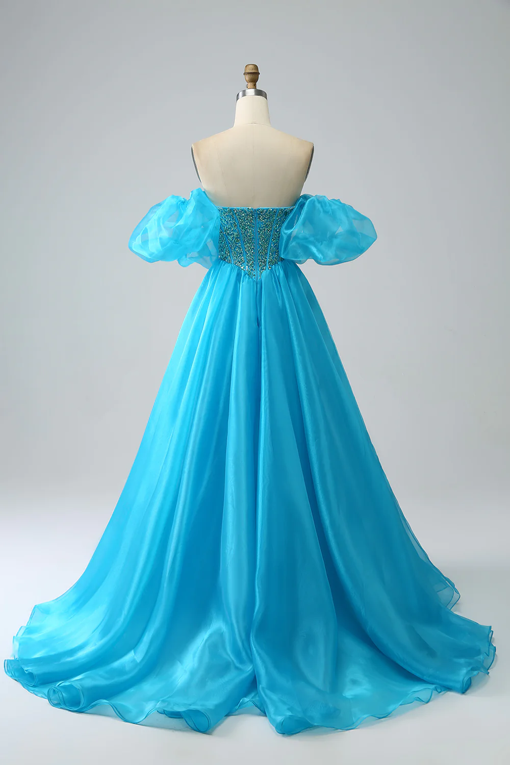 Blue A-Line Beaded Long Prom Dress with Detachable Sleeves