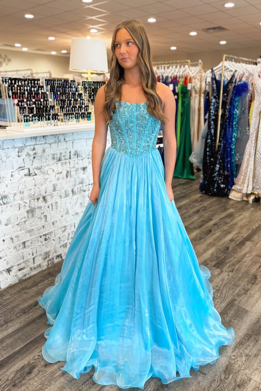 Blue A-Line Beaded Long Prom Dress with Detachable Sleeves