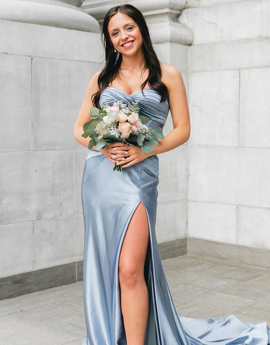 Fuchsia Mermaid Strapless Ruched Satin Long Prom Dress with Slit