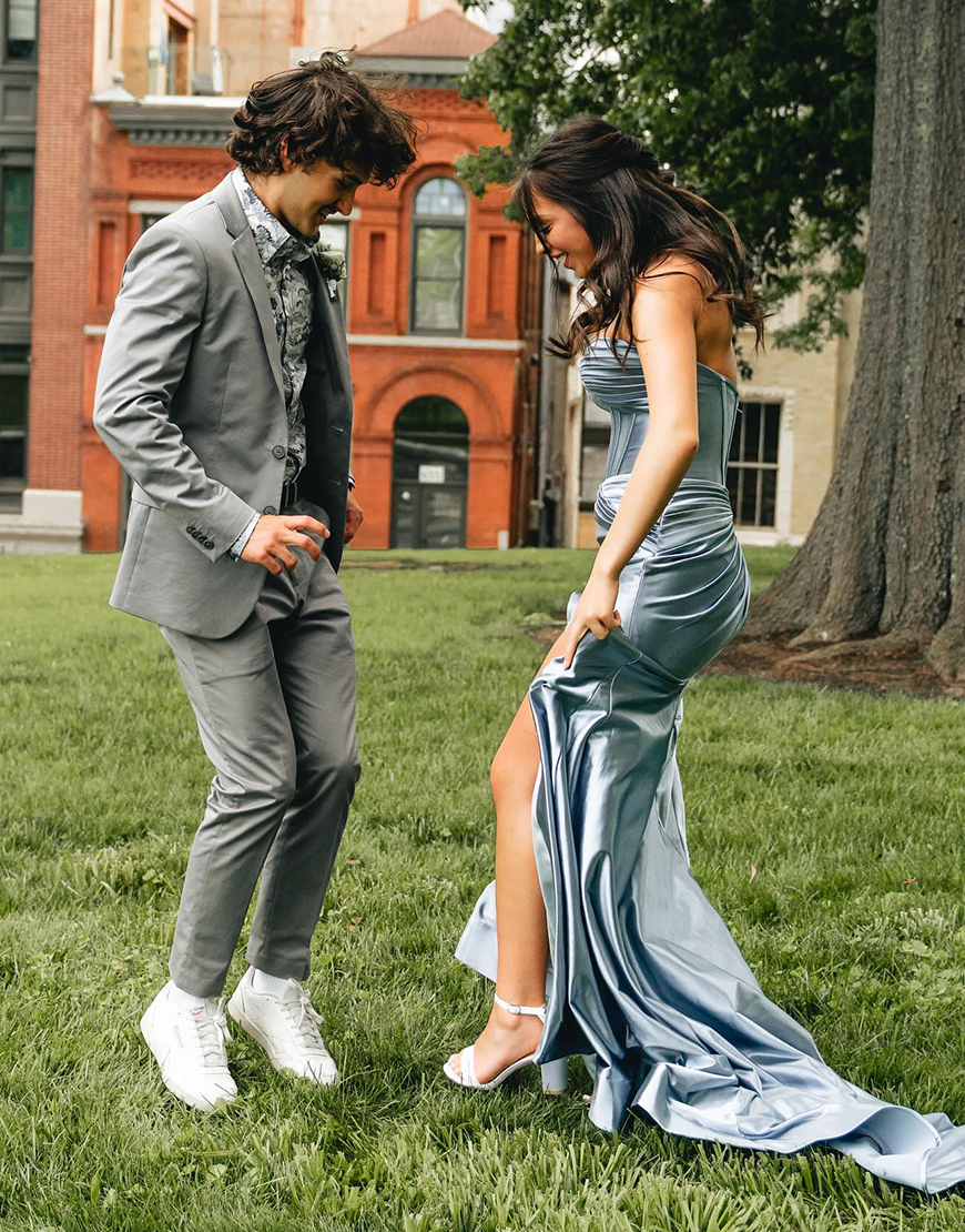 Fuchsia Mermaid Strapless Ruched Satin Long Prom Dress with Slit