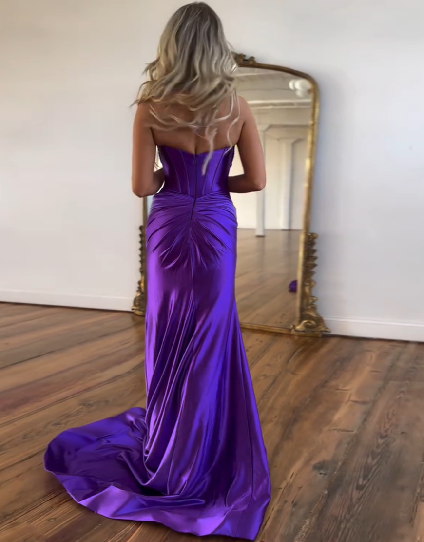 Mermaid Sweetheart Zipper Back Long Satin Prom Dress With Slit