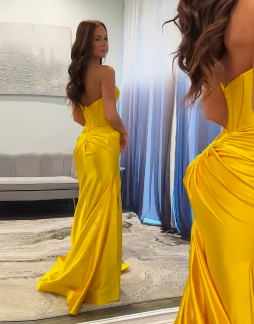 Fuchsia Mermaid Strapless Satin Ruched Long Prom Dress with Slit