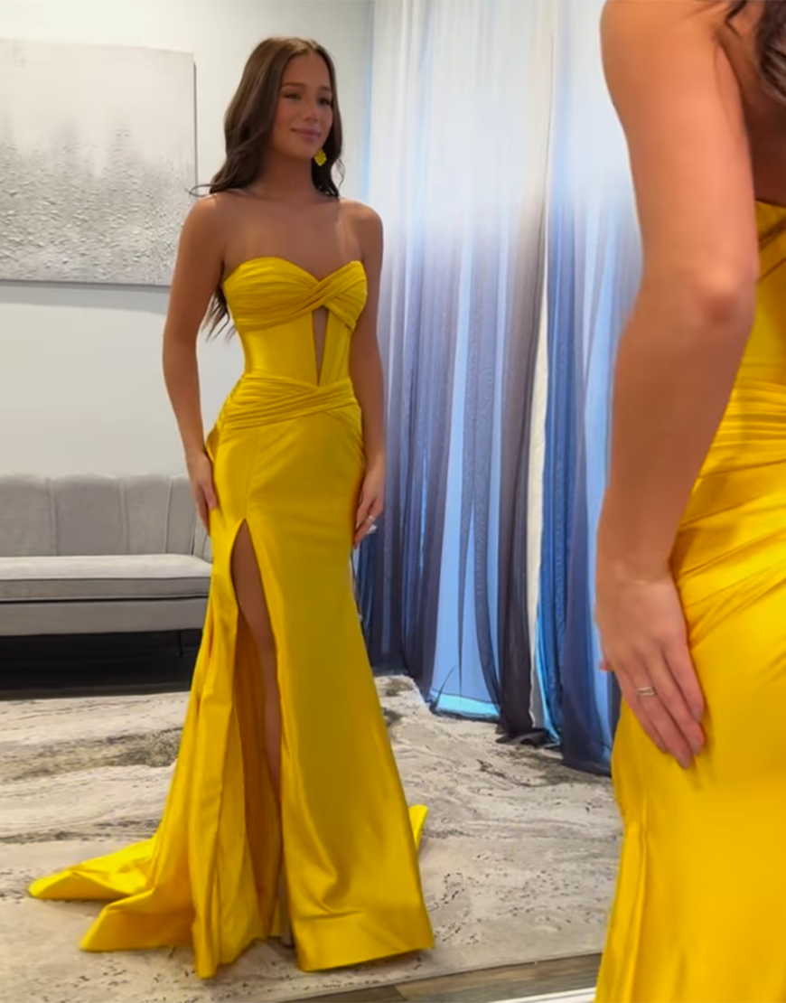 Fuchsia Mermaid Strapless Ruched Satin Long Prom Dress with Slit