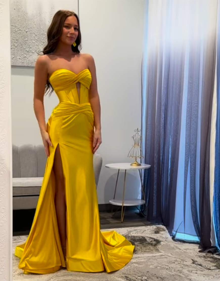 Fuchsia Mermaid Strapless Satin Ruched Long Prom Dress with Slit