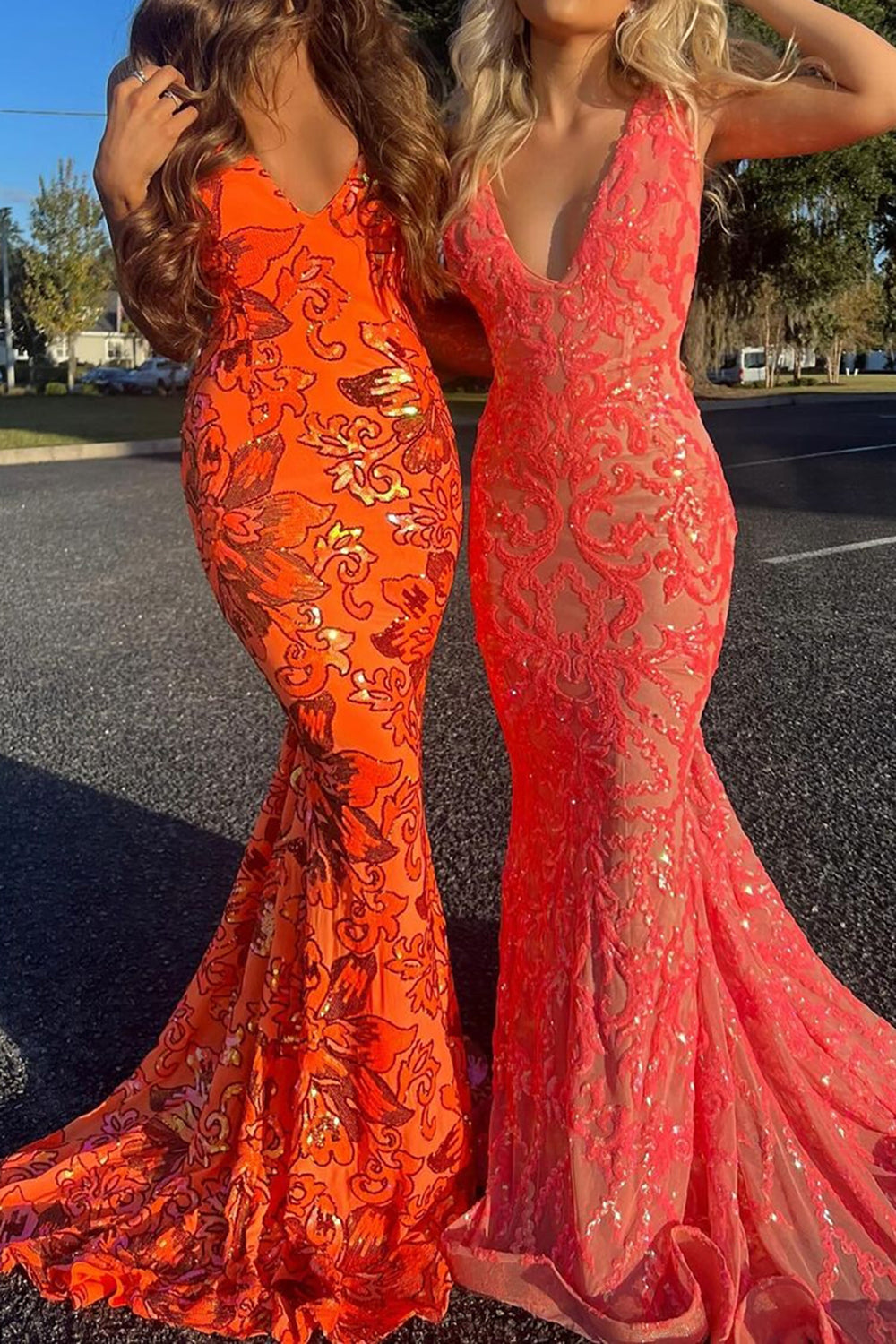 Coral Sparkly Mermaid V-Neck Long Tight Prom Party Dress