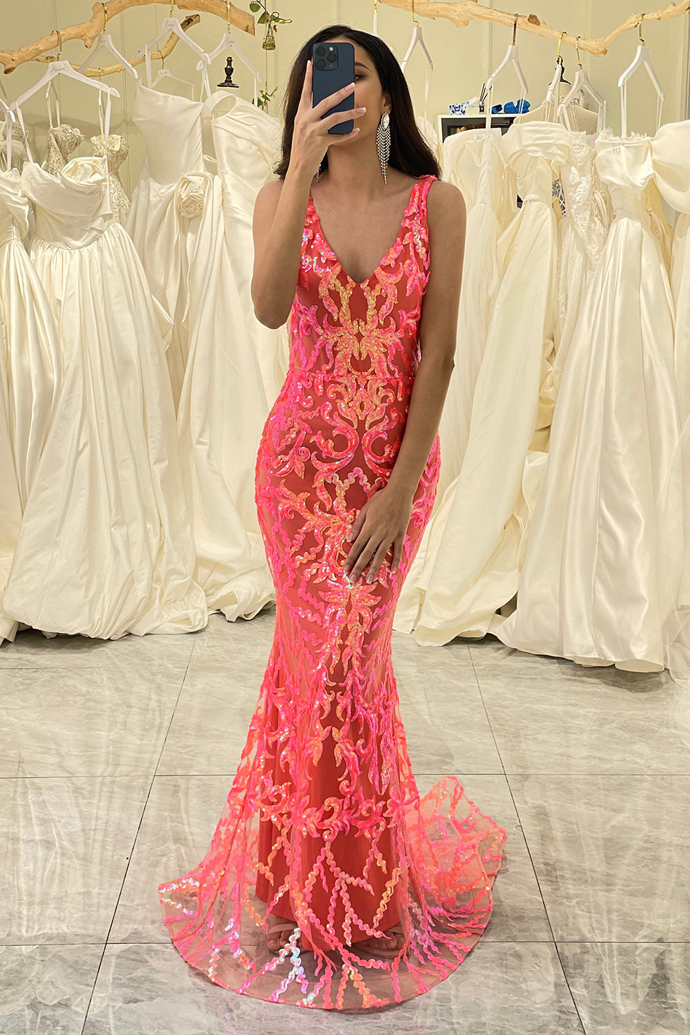 Sparkly Coral Mermaid V-Neck Long Corset Prom Dress With Sequin