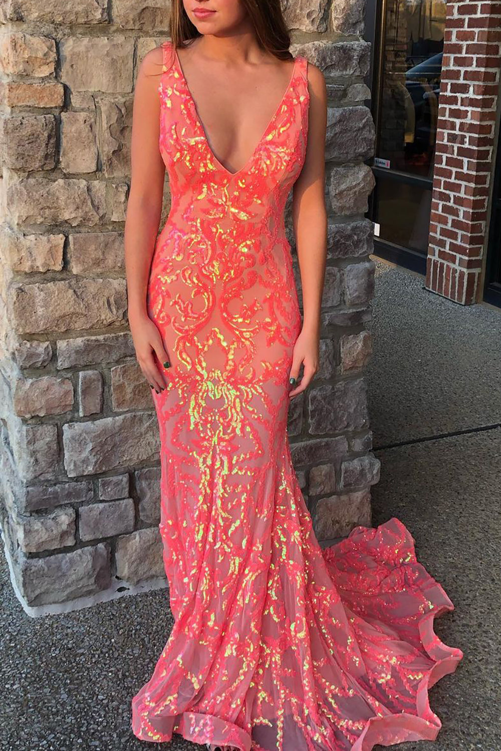 Coral Sparkly Mermaid V-Neck Long Tight Prom Party Dress