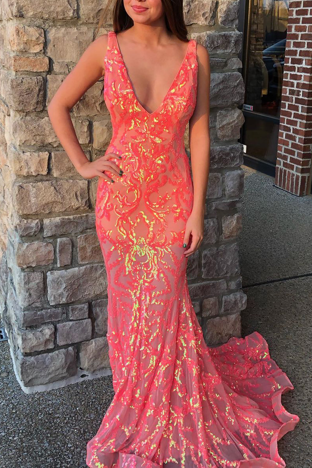 Coral Sparkly Mermaid V-Neck Long Tight Prom Party Dress