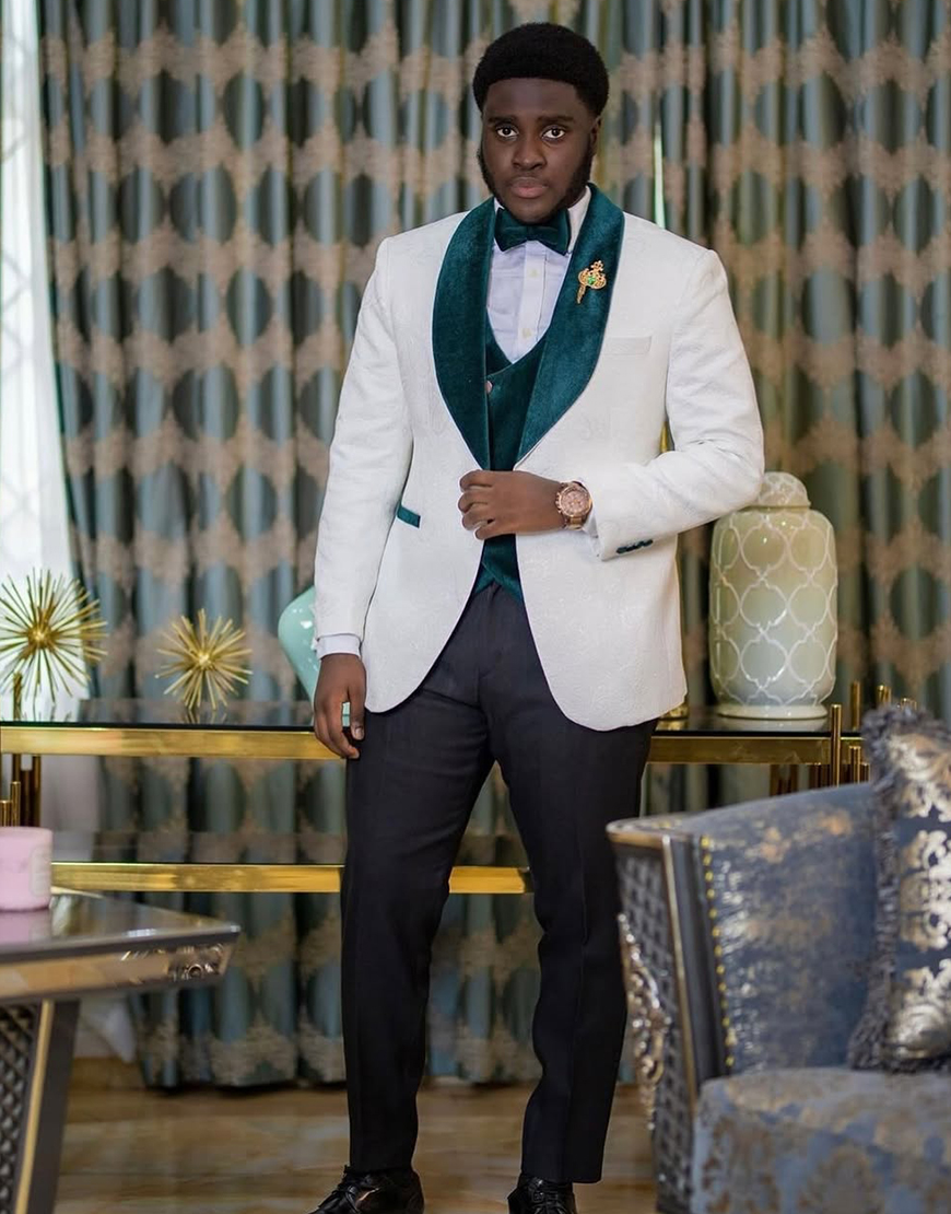 White and Green Slim Fit 3 Piece Shawl Lapel Men's Prom Homecoming Suits