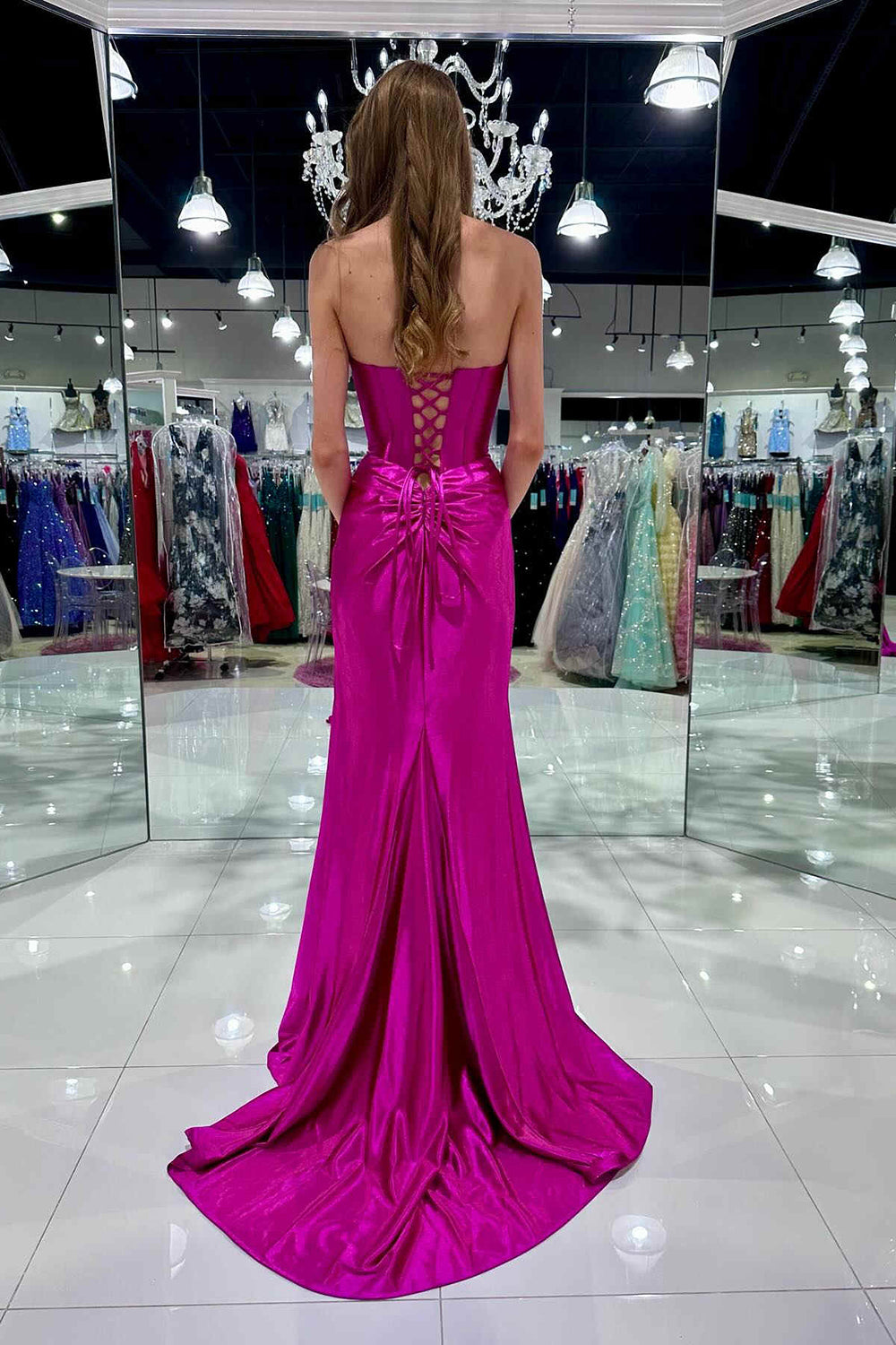 Stylish Mermaid Strapless Lace Up Long Satin Prom Dress With Split
