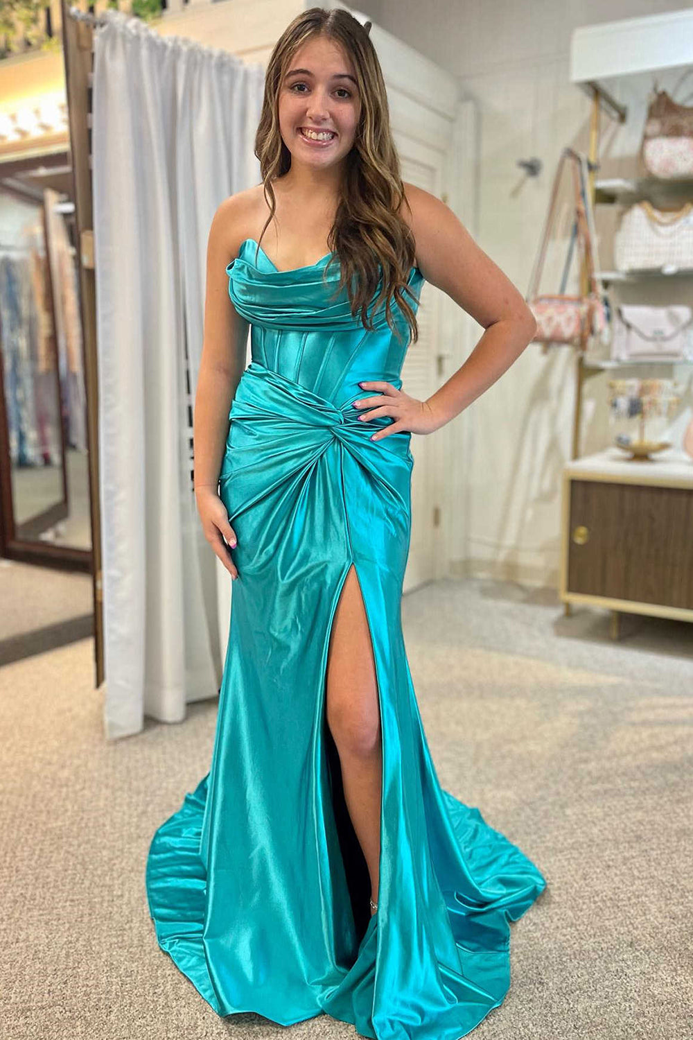 Stylish Mermaid Strapless Lace Up Long Satin Prom Dress With Split